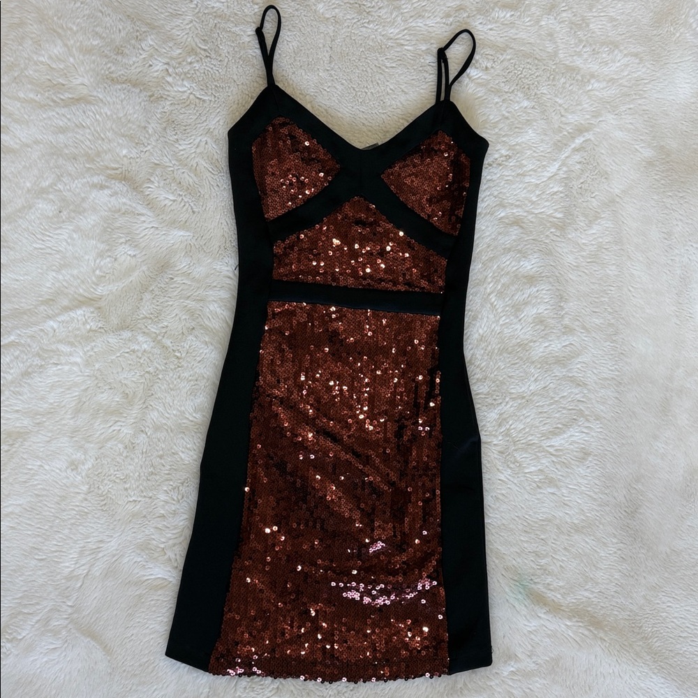 BEBE Sequin Bronze and Black Mini Dress